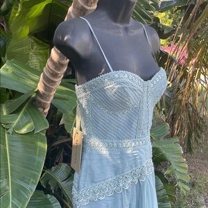 mignon strapless, corset dress convertible with the lace trim and tulle skirt